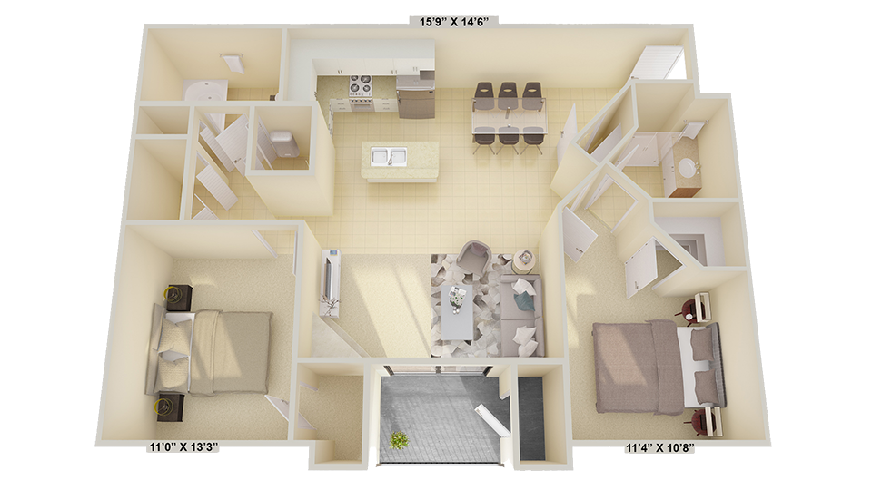 Floor plan for 2 beds, 2 baths, 1073 sqft